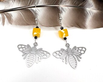 Stainless Steel Bee Earrings with Yellow Chalcedony, Earthy Earrings, Bohemian Jewelry, Insect Jewelry