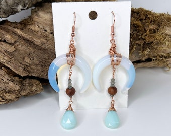 Divine Feminine - Opal Crescent Moon Earrings with Labradorite and Rosewood