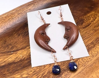 Lapis Lazuli and Wooden Crescent Moon Earrings