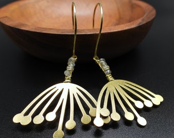 Brass Dandelion Earrings with Labradorite, Earthy, Flower Earrings, Gardening Jewelry