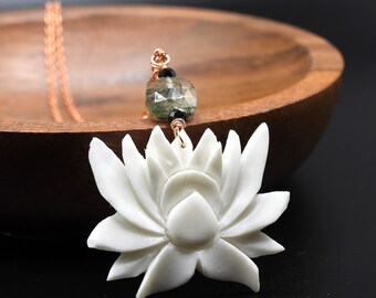 Lotus Necklace with Moss Agate Stone Copper Carved Bone Necklace