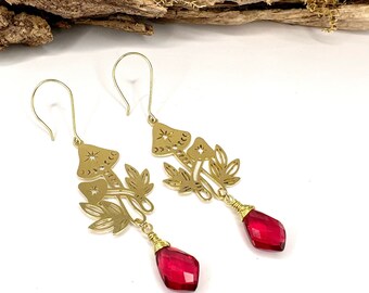 Brass Mushroom Earrings with Pomegranate Quartz