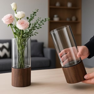 Moderne zylindrische Vase aus Holz und Glas, rustikale Boho-Vase, einzigartige Blumendekoration, separater Holzsockel, Einweihungsgeschenk