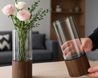 Modern Cylindrical Wood and Glass Vase, Minimalist Home Decor
