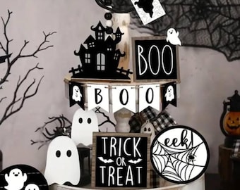 12 Piece Halloween Tiered Tray Decor | Mini Wood Signs