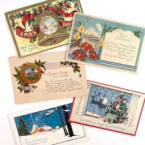 CINCO Cartões-postais de NATAL antigos, da Califórnia, Árvore e casa, itens de papel vintage
