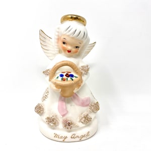 Vintage ANGEL Ceramic Figurine, May Birthday, Girl Angel with May Flowers