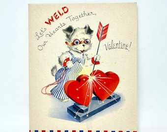 Vintage Karte zum Valentinstag, Anthropomorpher Hund, Vaterländisches Thema, Schweißherzen