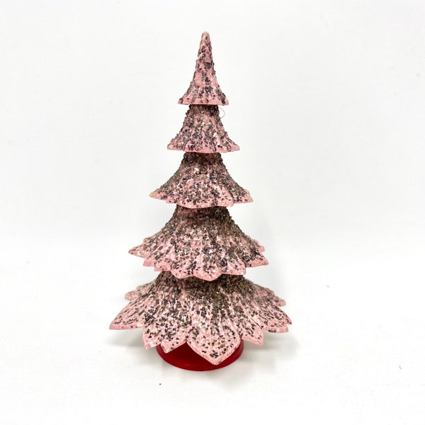 Vintage Putz Christmas Tree, Mica Tree, Pink Glitter, Hard Plastic