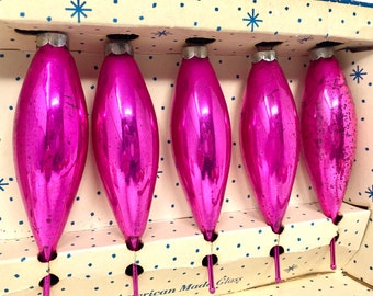 5 Vintage Hot Pink Glass CHRISTMAS Ornaments, Teardrop Shape, Original Box