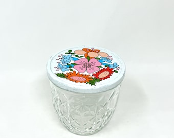 Vintage Glass Ball Jar, Crystal Quilted Jelly Jar, White Flower Metal Lid