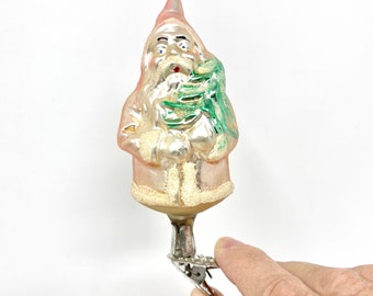Vintage PINK Clip On Santa Claus Christmas Tree Ornament, Hand Blown Glass
