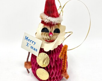 Vintage Honeycomb Christmas  Ornament Crepe Paper Santa Claus Midcentury Ornament