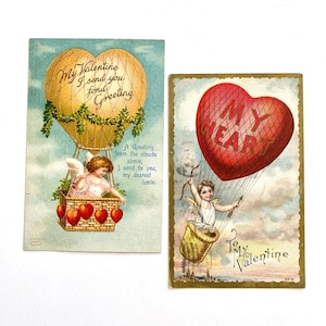Cartes postales anciennes, cartes postales de la Saint-Valentin, montgolfière coeur de Cupidon, éphémères en papier vintage