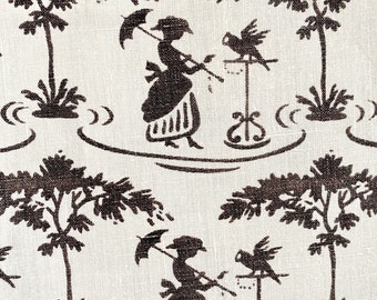 Mary Poppins? Vintage Black White Linen Towel or Table Runner, Woman with Umbrella and Parrot