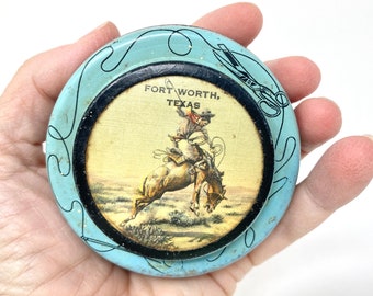 Vintage Horse Tin, Fort Worth Texas Souvenir, Cowboy on Bucking Horse, Sewing Box