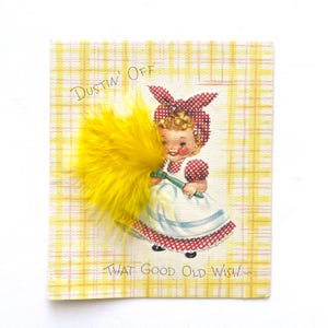 Carte de rétablissement vintage, femme avec plumeau, design Mid-Century, vraie plume