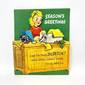 Carte de Noël vintage, secrétaire de bureau, machine à écrire de bureau, carte pop-up
