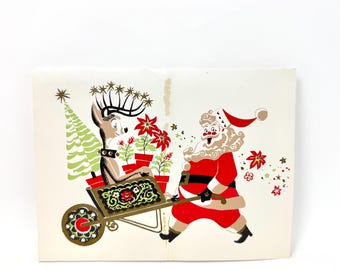 Biglietto di auguri natalizio vintage con Babbo Natale, renne e stella di Natale, illustrazione natalizia di metà secolo.