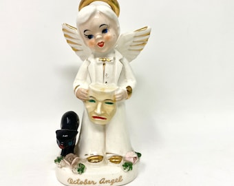 Vintage Birthday ANGEL Boy, October Halloween Mask and Black Cat, Ceramic Figurine NAPCO