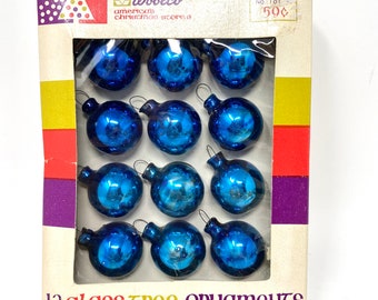 Vintage Feather Tree Miniature Ornaments, Christmas or Fourth of July, Original Box of Blue Mercury Glass Balls