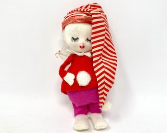 Vintage Snow Baby Ornament, Flocked Christmas Tree Decoration, Striped Stocking Cap, Made in Japan