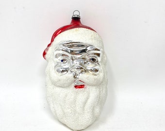 Vintage Glass Christmas Ornament, Santa Claus Head with Mica Beard