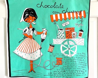 TOALLA de cocina Mid Century Receta española Churros de chocolate Señorita Cart