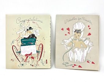 Vintage Greeting Cards, Wedding Congratulations and Valentine for Daughter, Midcentury Illustrations