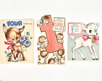 Vintage Birthday Cards for Children, Four and One Year Old, Deer and Kittens Greeting Cards