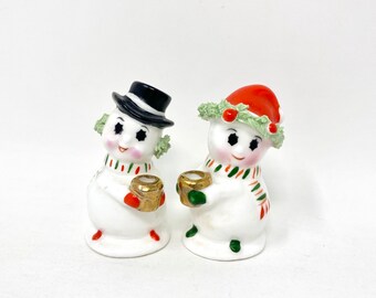 Vintage Snowman and Woman Ceramic Figurine Candle Holders, NAPCO Christmas Decoration