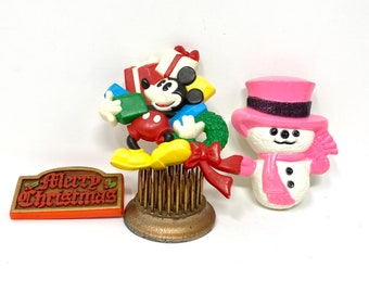 Vintage Christmas Pins, Hallmark Sign, Disney Mickey Mouse, Avon Snowman, Lapel Brooches