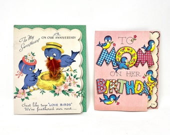 Vintage Anniversary and Mom Birthday Cards, Anthropomorphic Bluebirds, Real Feather