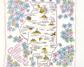 Vintage Hankie ILLINOIS State Handkerchief Violets Flowers