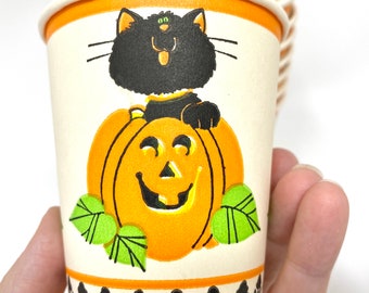 Vintage Halloween Cups Black Cat Jack O Lantern Paper Party Drinking Cups NOS New Old Stock