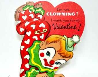 Vintage Circus Clown Valentine Card, Unused Diecut Valentine