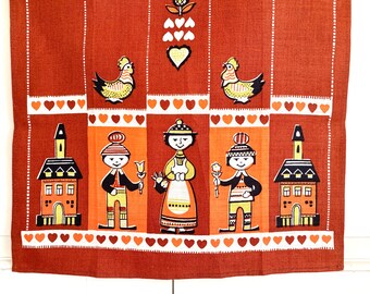 Vintage Swedish Towel, Kitchen Wall Hanging, Family Children, Hearts, Chickens, Roosters