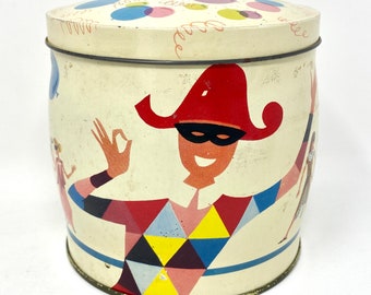 Vintage Candy Tin Pascall ERSTAUNLICHE Grafiken Maskerade Party Ball, Harlekin Figur