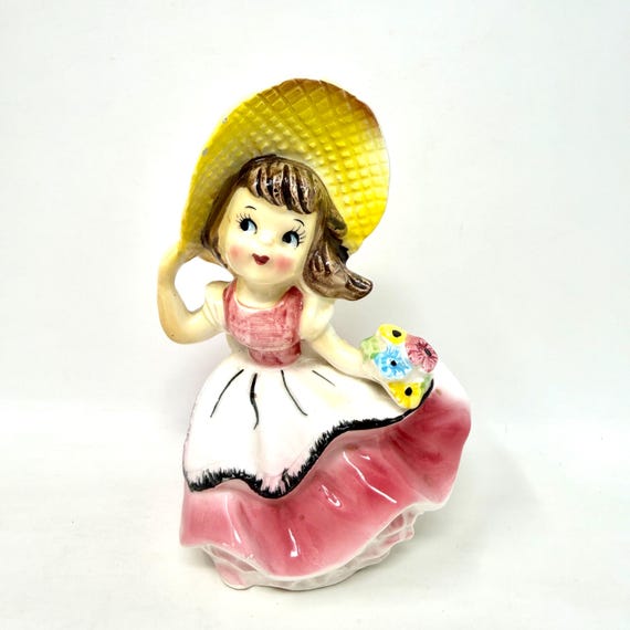 Vintage Lefton Planter, Girl in Straw Hat, Bouquet of Flowers, Windy Day