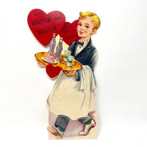 Vintage Valentijnsdagkaart, ober met dienblad, glitterkaart