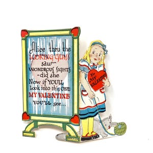 RARA cartolina d'epoca di San Valentino, Alice nel paese delle meraviglie, Specchio, Gattino bianco con filo, San Valentino antico