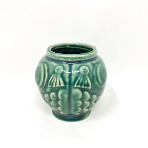 Vintage Green Pottery Ceramic Vase, Abstract Pattern, Art Nouveau