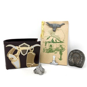 Vintage Western LOT, Leather Wallet, Horseshoe Chocolate Mold, Saddle Ring, Good Guy Lapel Pin, High School Program, Longhorn Pin