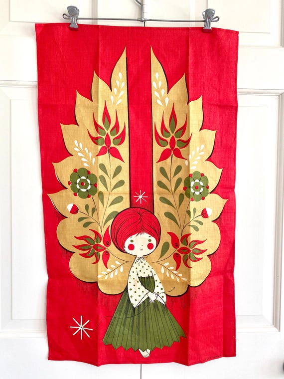 Vintage Christmas Tea Towel, Midcentury Angel, Chuck Gruen Artist