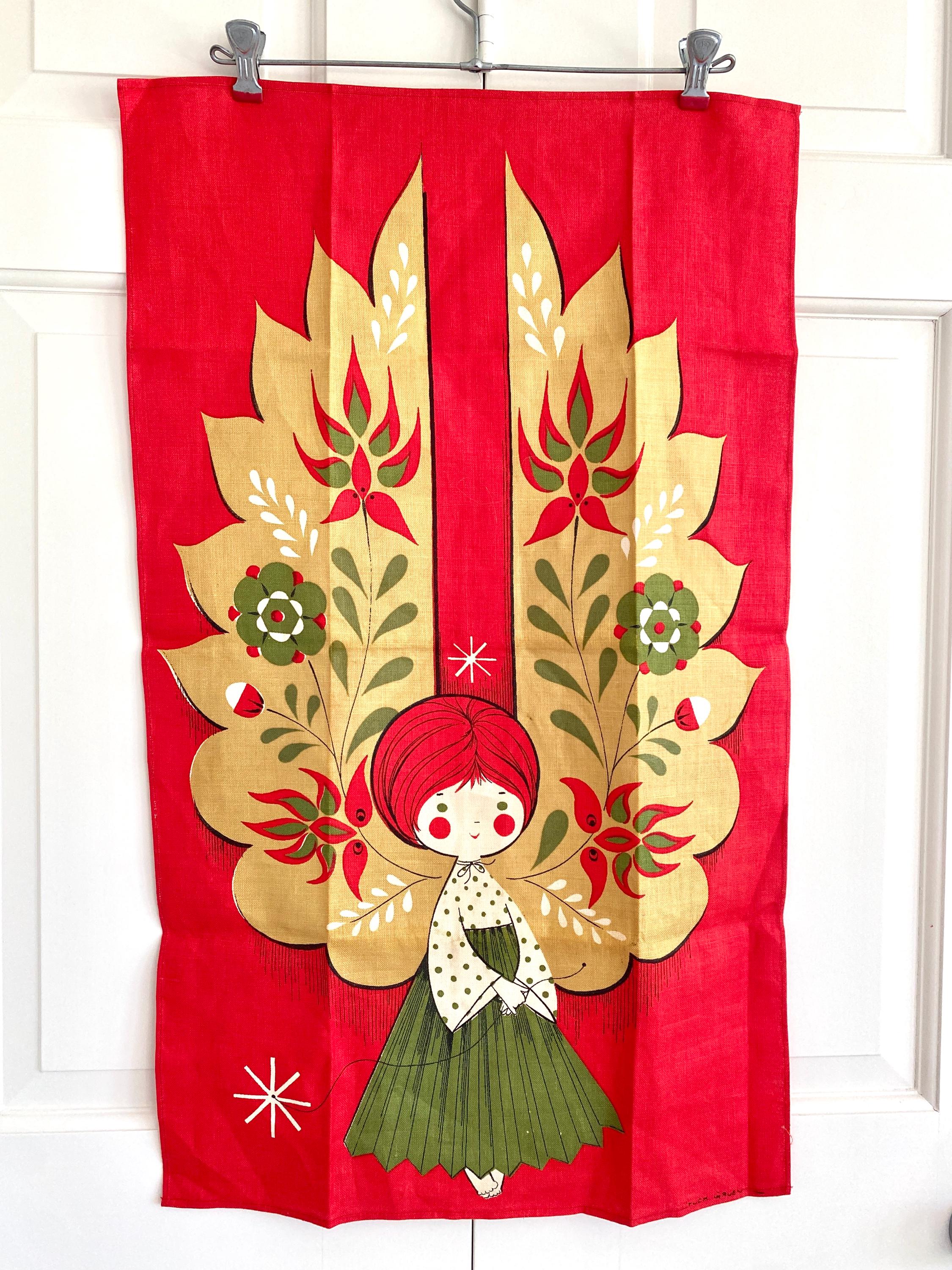 Vintage Christmas Tea Towel, Midcentury Angel, Chuck Gruen Artist