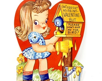 Vintage Valentine Card Girl peinture avec oiseau bleu, carte découpée mécaniquement