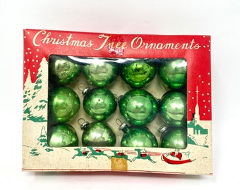 Vintage Christmas Ornaments Green Mercury Glass  1" Diameter Feather Tree Original Box