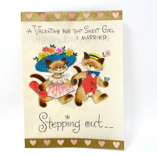 Carte Saint Valentin vintage Chats anthropomorphes, fleur 3D