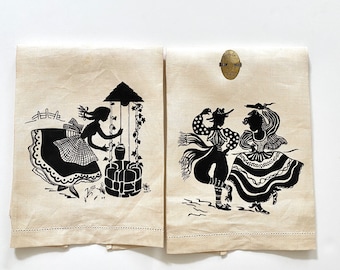 Vintage Linen Guest Towels, Silhouette Scenes, Black and White, Girl at Well and Dancers