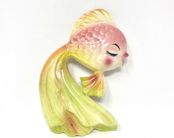 Vintage Pink Fish Figurine, Bathroom Wall Art Midcentury Decor, Iridescent Glaze